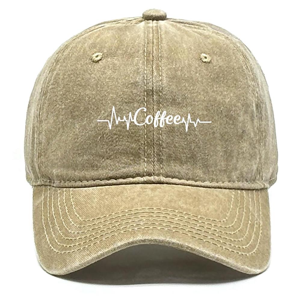 Coffee" Heartbeat Print Snapback Sun Hat, White Text Trucker Hat Sporting Curved Brim Sun Protection Washed Adjustable Baseball Cap