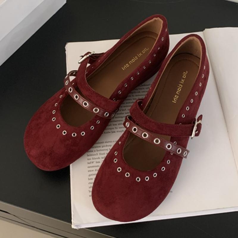 

Модные Удобные Туфли Мэри Джейн на Плоской Подошве из Искусственной Замши Женские Модные Туфли Дизайнерского Бренда с Ремешком на Пряжке с Заклепками Высококачественные Туфли на Мягкой Подошве Повседневные Туфли 35 красный
