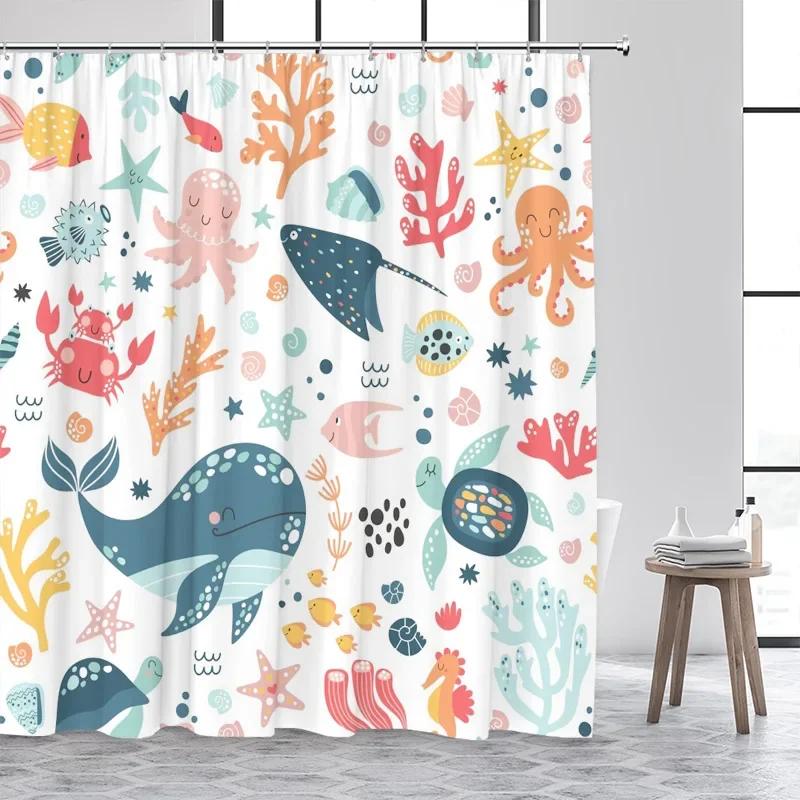 Cartoon Animals Kids Shower Curtains Cute Dogs Pet Ocean Fish Sea Turtle Whale Octopus Child Bathroom Curtain Decor With Hooks