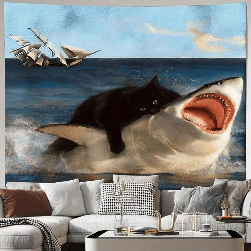 

VIKAMA Surrealist Art Tapestry Black Cat Riding a Shark Vintage Sailing Ship OceanThemed Decorative Wall Hanging 74x94cm(29x37in)