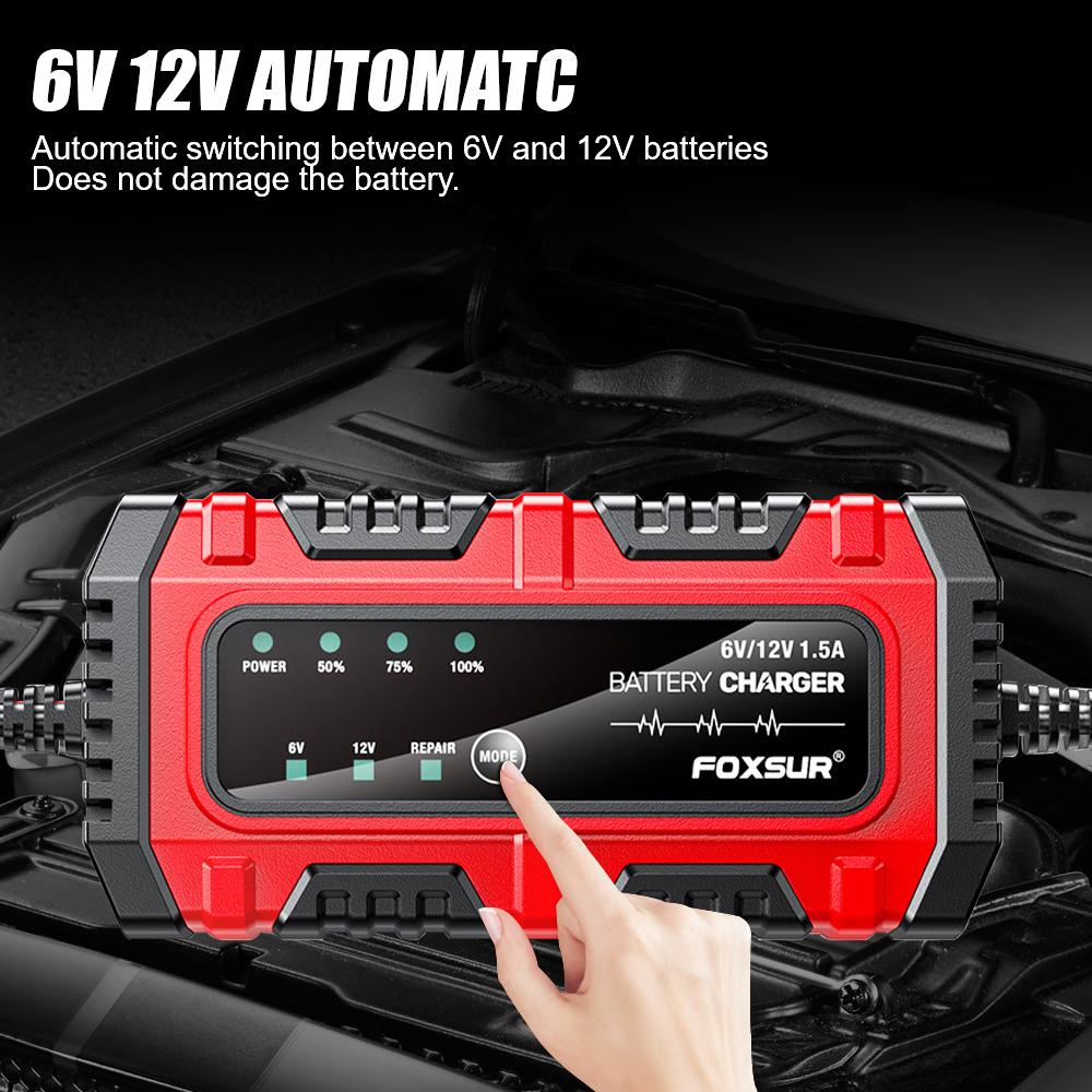 Full Intelligent Intelligent Pulse Repair Lead-Acid Battery Charger Car Motorcycle Battery 6V/12V 1.5A Multiple Protection Full Charge Self-stop