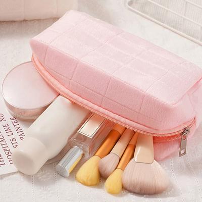 1Pc Toiletry Bag Make Up Pouch Wash Bag Travel Cosmetic Solid Color Women's Storage Case Fleece Fabric