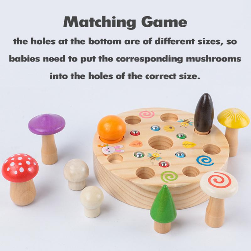 Baby Montessori Games Wooden Toys Picking Mushrooms Catching Bugs Board Early Educational Fine Motor Training Size Matching Game