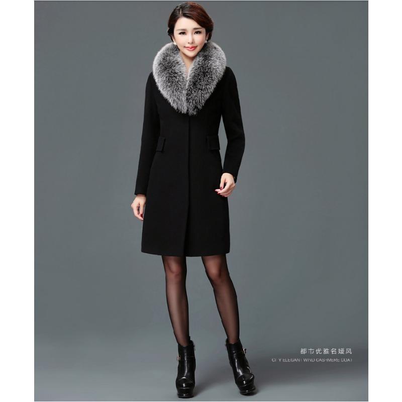 

Новое женское шерстяное пальто средней и длинной длины, тренч с шерстяным меховым воротником, приталенный L чёрный