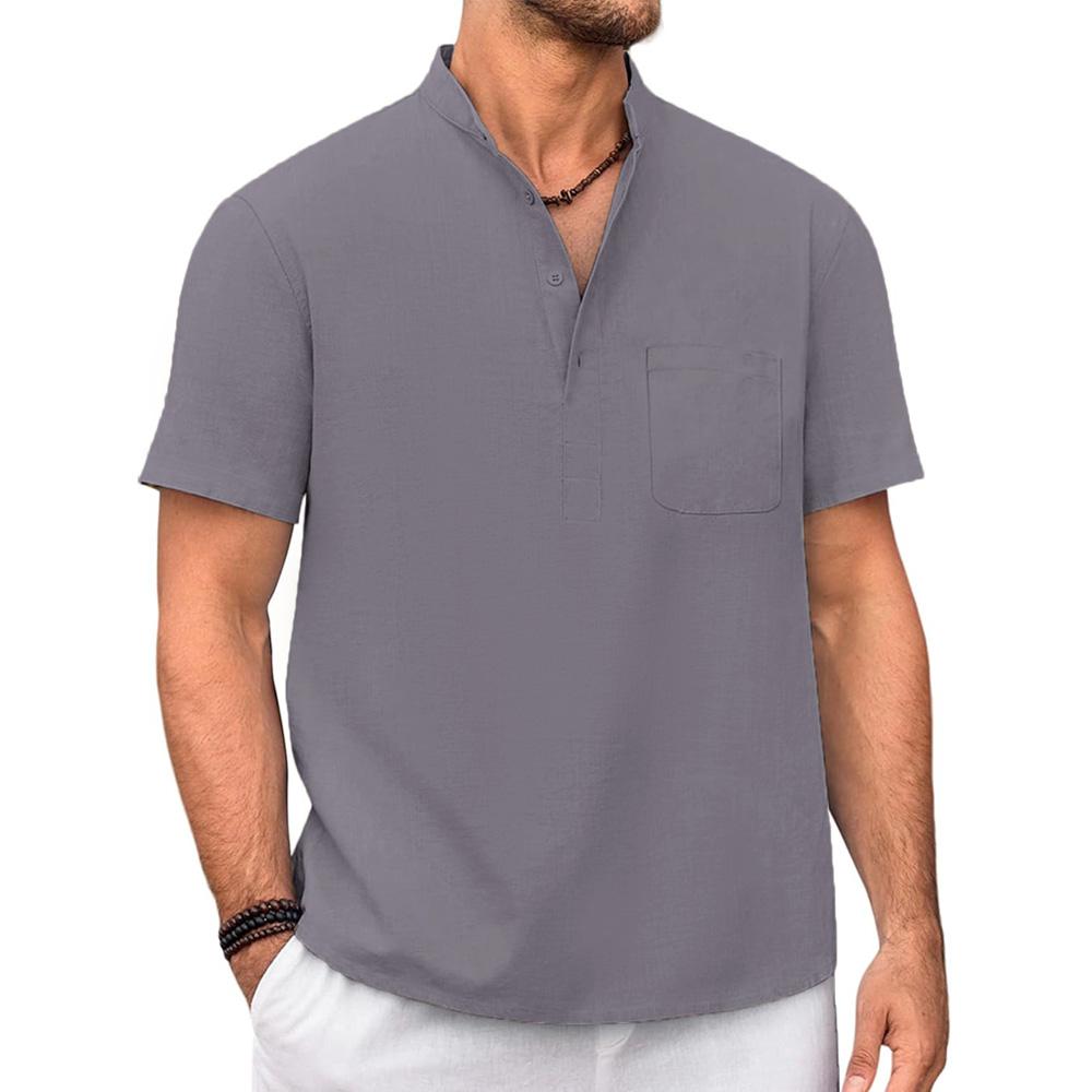 Cotton Linen T-shirt for Men Henley Neck Casual Solid Color Tees Short Sleeve Lightweight Breathable Vacation Beach Style Tops