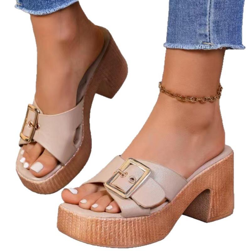 Women's Peep Toe Buckle Strap Sandals, Chunky Heel Platform Summer Shoes, Plus Size Fashion Heels