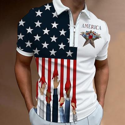 Men's Shirt Polo Casual Zip Short Sleeve Fashion Casual Zipper Summer Spring Regular Fit 3D Black Striped Stars Print Shirt