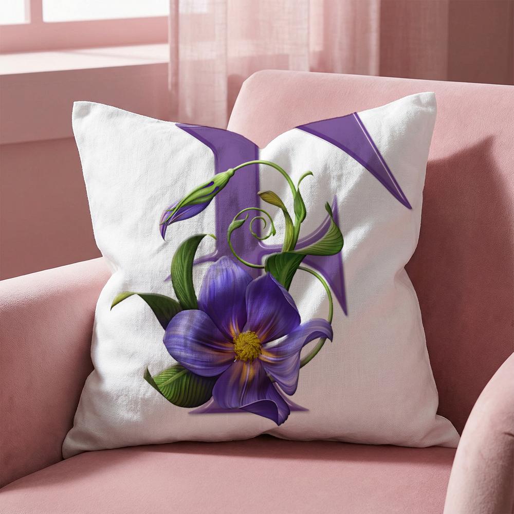 Simple Purple Flower Letters Cushion Cover Multi-Scene Pillow Cover for Home & Car - Reversible, Soft & Durable for Daily Use