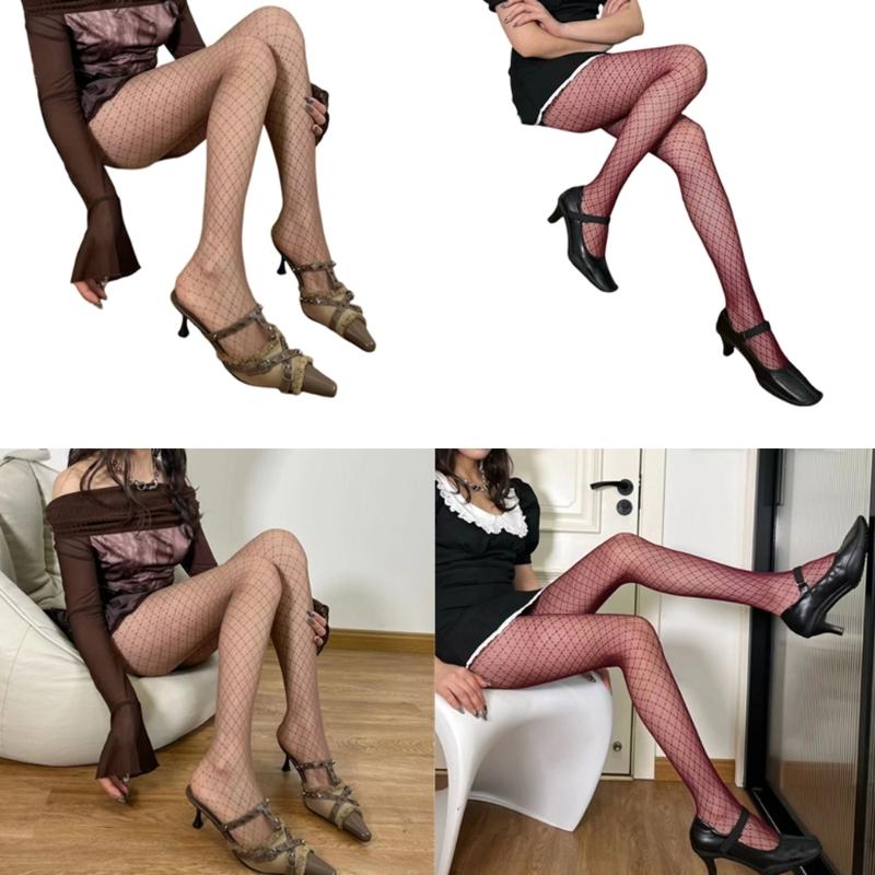 Womens Diamond Grid Pattern Sheer Fishnet Mesh Tights Vintage 90s Aesthetic Sexy See Through Thin Pantyhose Stockings