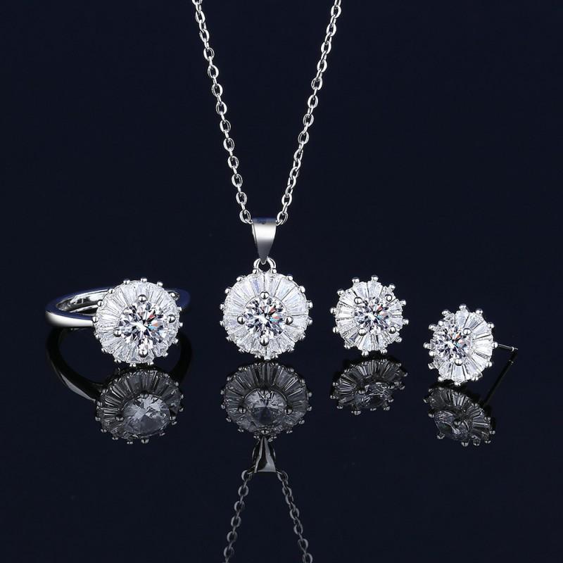 Elegant CZ Gemstone Pendant Necklace Set With Earrings Ring Women Blue Red Yellow Green Purple White Zircon Jewelry