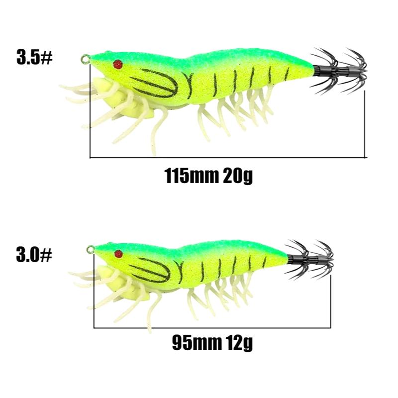 Night Glow Wooden Shrimp Squid Hook Soft Footed Bait with Sound Beads Fake Bait for Fishing