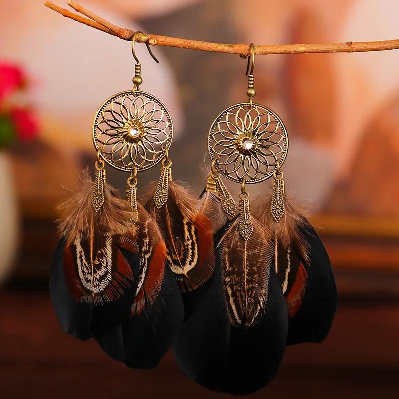 Bohemian Vintage Zircon For Women 2024 Trendy Carved Leaf Feather Tassel Long Earrings