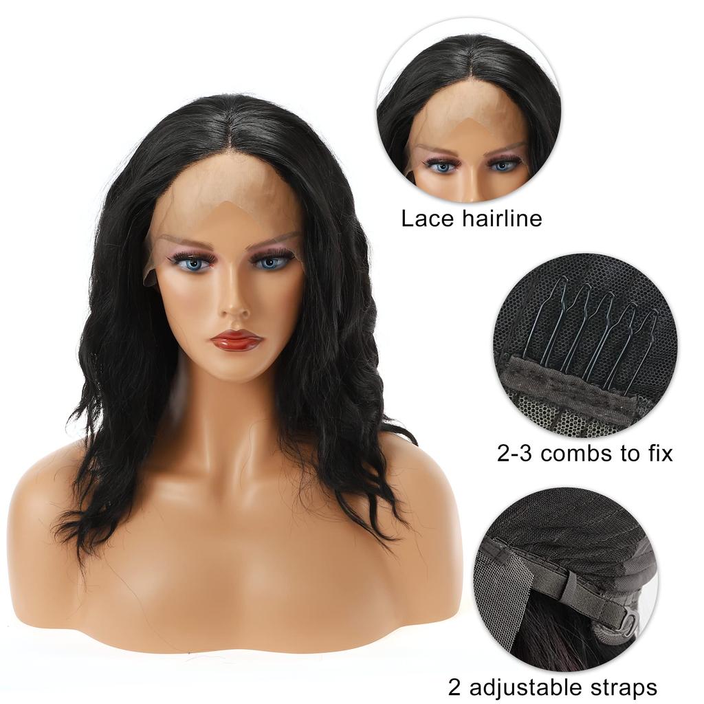 VOCOSTE Heat-Resistant Lace Front Wig, Medium Long, Fluffy, Curly, and Wavy, for Girls, Everyday Use, Synthetic Fiber, Black, 30.5 cm