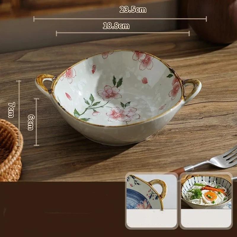 Japanese Irregular Ceramic Bowl with Double Handles, Soup Noodle Salad Fruit Serving Bowl for Home Tableware