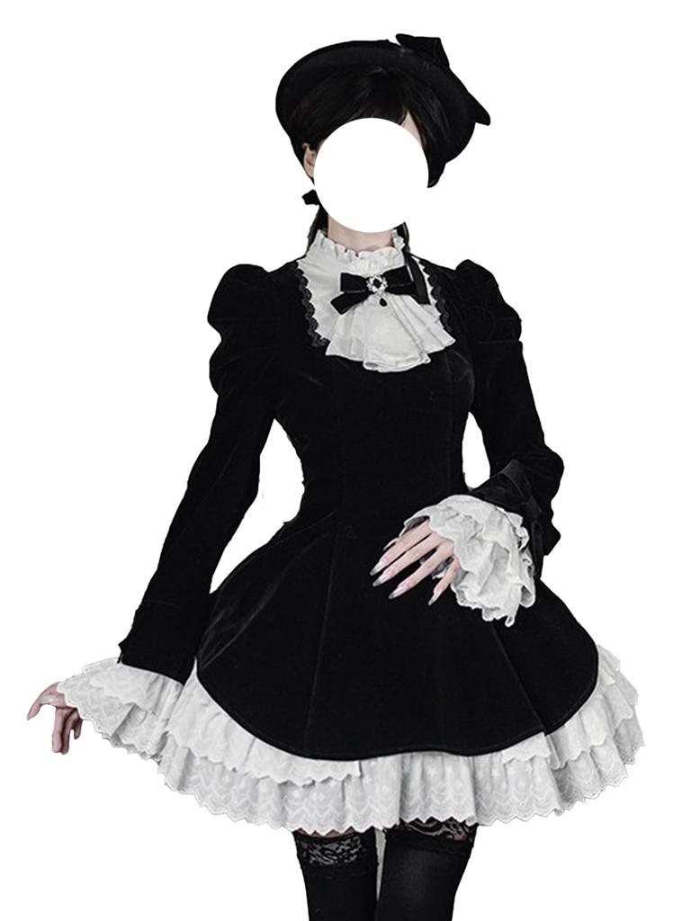 MODKOKU Gothic Lolita Neat and Jabot Ruffle Princess Long Size S Dress, Women's, 3-Layer Tiered, Clean, Ribbon, Lace, Lace-Up, Dress, Dreamy, Cute,