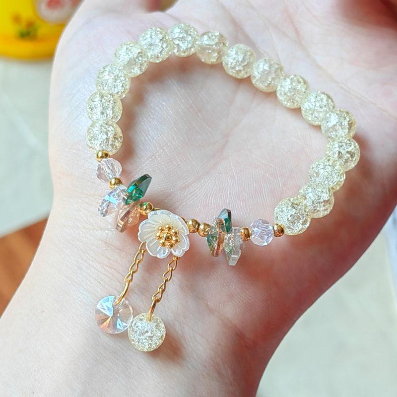 Cute Green Crystal Bead Bracelet for Women Trendy Lily Valley Flower Charm Elastic Adjustable Bracelet Wedding Birthday Jewelry