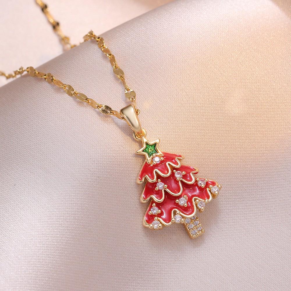 Women's European & American Style Copper Zircon Gold-Plated Christmas Tree Pendant Necklace