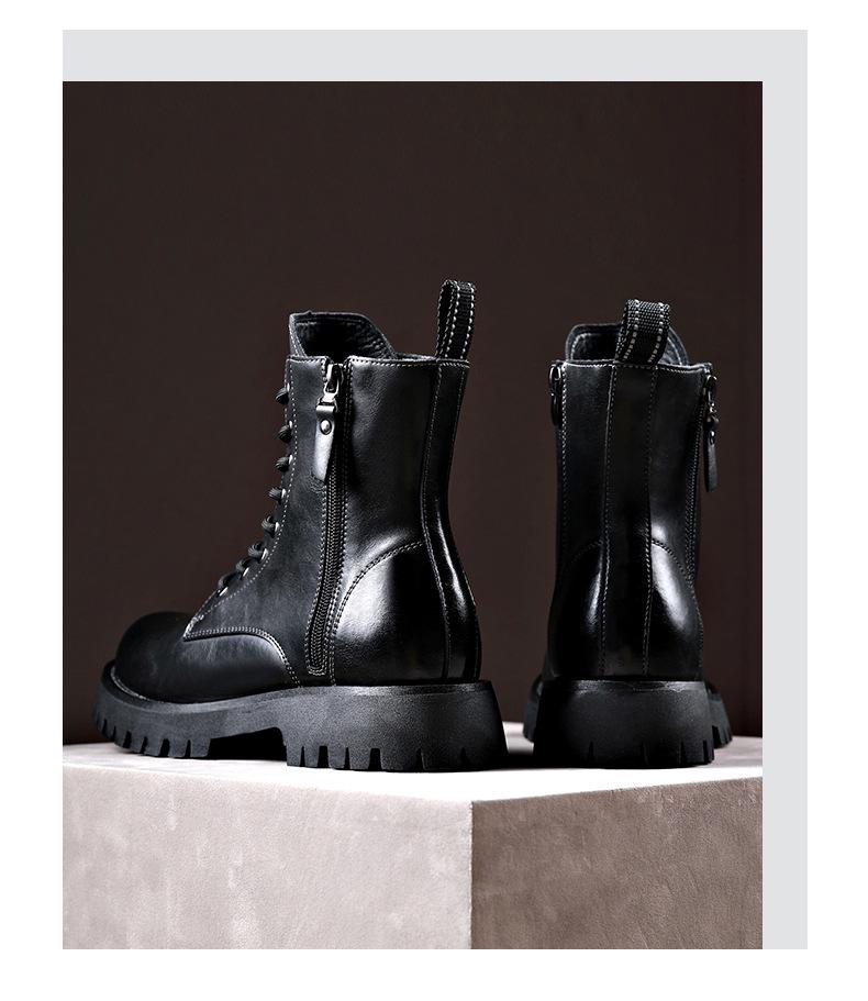 Men's Autumn & Winter Yellow Genuine Leather Boots with Thick Sole, Side Zipper, and Round Toe - Comfortable Mid-High Martin Style.