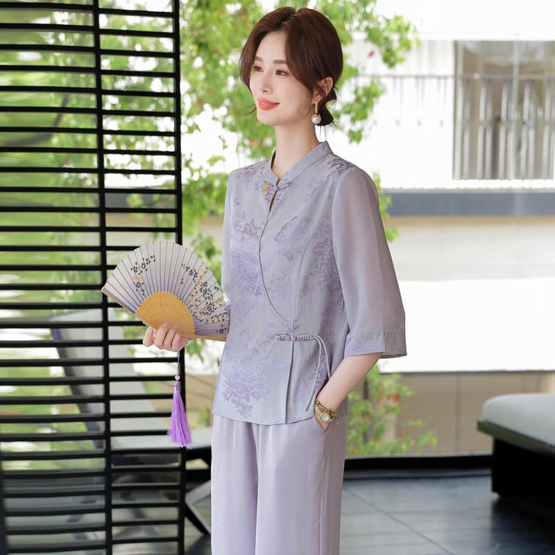 Elegant New Chinese Style Seven-Sleeve Shirt & Pants Set for Women