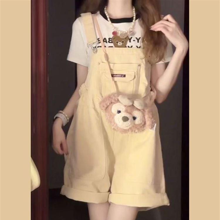 Japanese Soft Girl Sweet Custard Overalls - Women s Summer New Petite Wide-Leg Jumpsuit Shorts Small