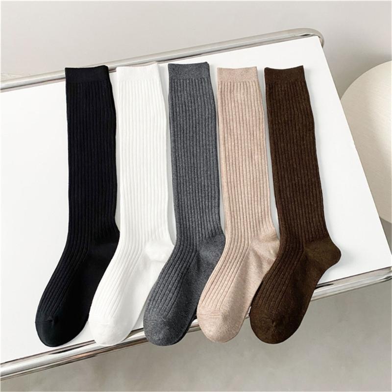 Women Ribbed Knitting Cotton Long Socks Autumn Winter Warm Fashion Solid Color Casual Breathable Knee High Stockings