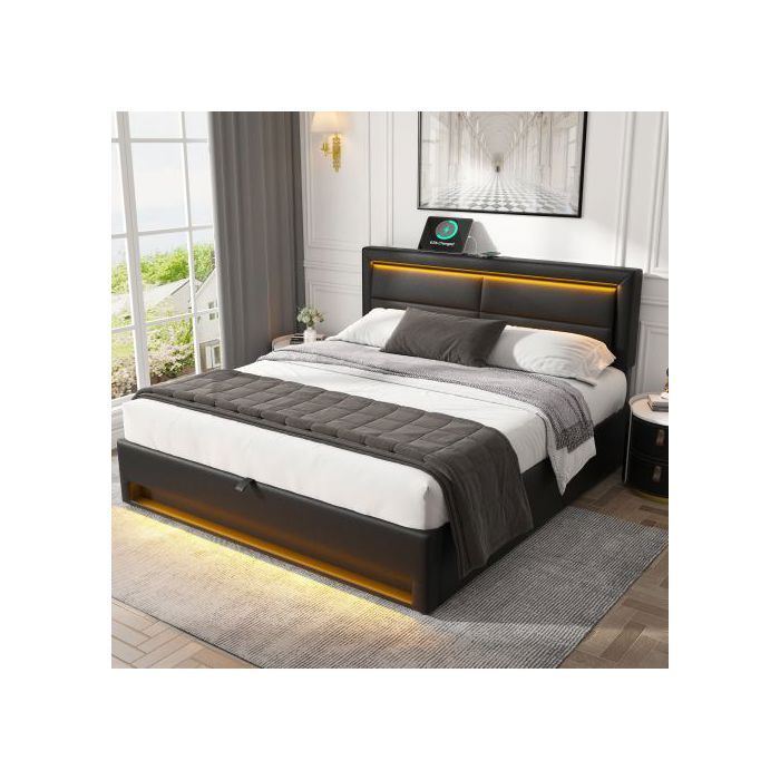 Lit rembourré - MUVOE - 140x190 cm - USB - Éclairage LED - Rangement sous le lit