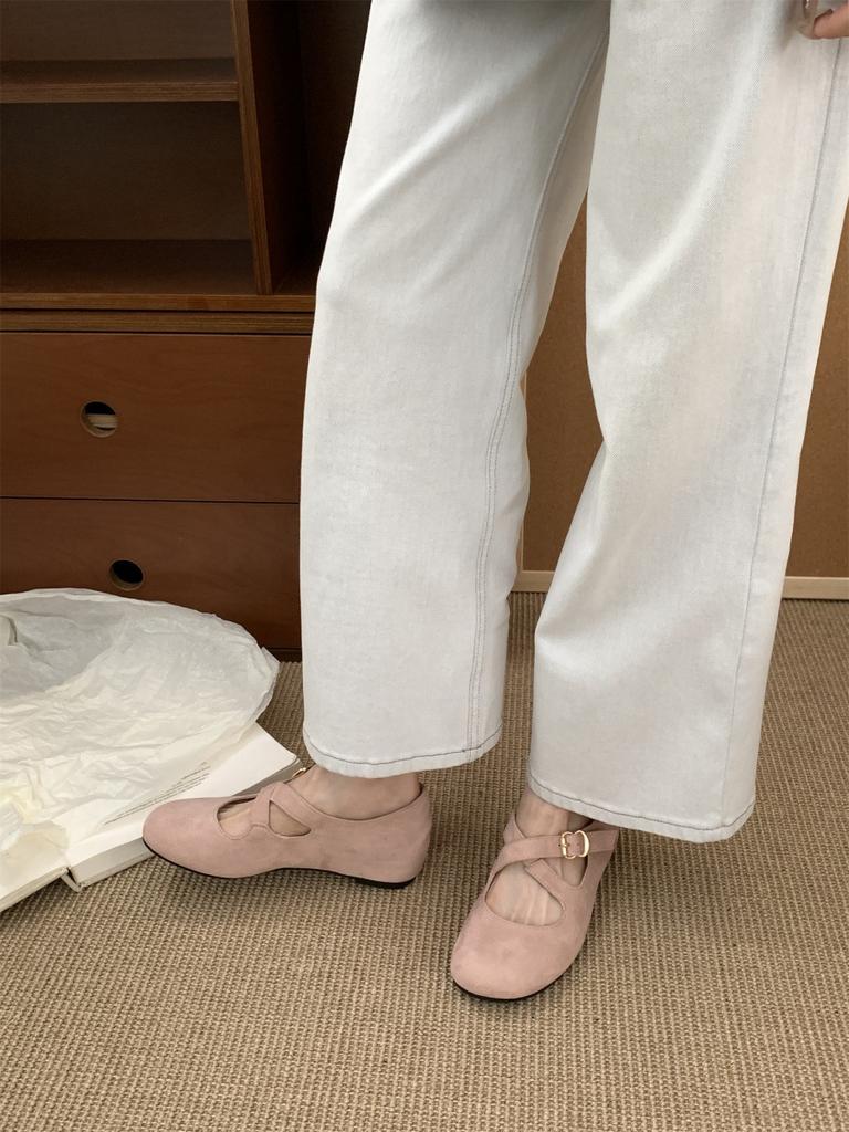 2025 Simple and Versatile Suede Cross with Flat Mary Jane Shoes Retro Inner Height Increase Commuter Ballet Single Shoes Women