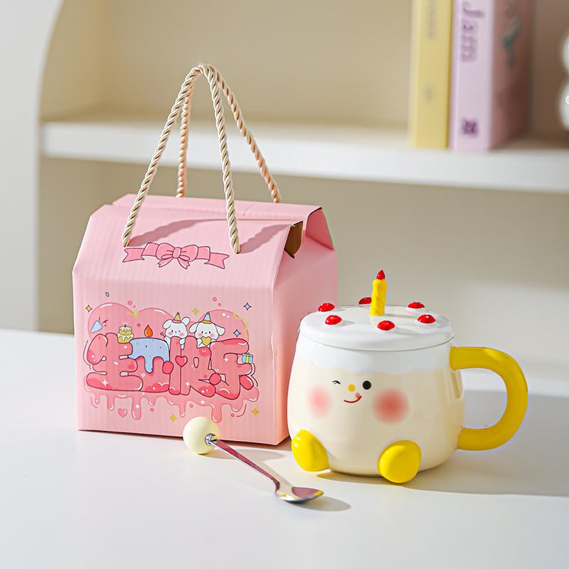 Creative Cartoon Cake Cup Birthday Gift Souvenir Ceramic Cup Cute Good Looking Water Cup with Lid Mug