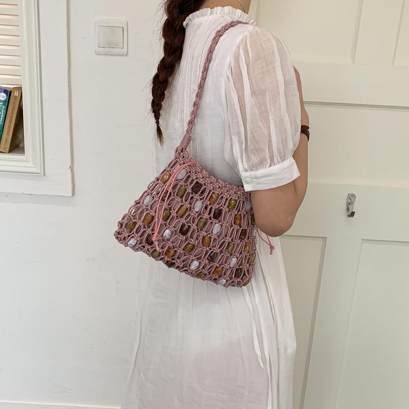 2026 New Summer Boho Handmade Macrame Woven Bag for Women Hollow Out Colorful Beaded Shoulder Bag for Beach Vacation Daily Use