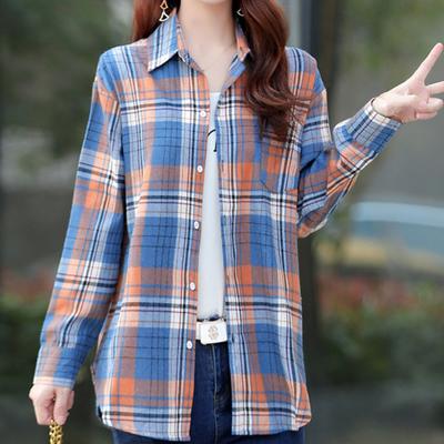 Retro Rosa Orange Kariertes Hemd Schlichte Tops Frühling Herbst Revers Langarmshirts Damen Bluse aus gebürsteter Baumwolle Asiatische Größe