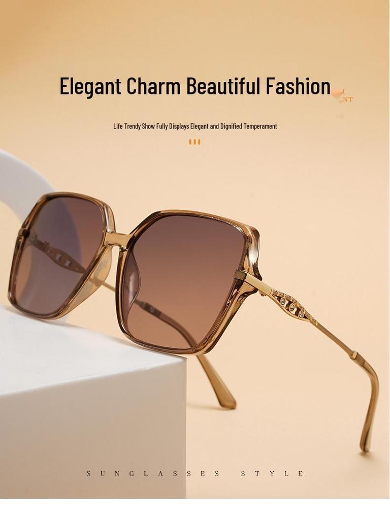 Women's High-End Rhinestone Large Frame Sunglasses with Hollow Zinc Alloy Legs and HD Polarized Lenses