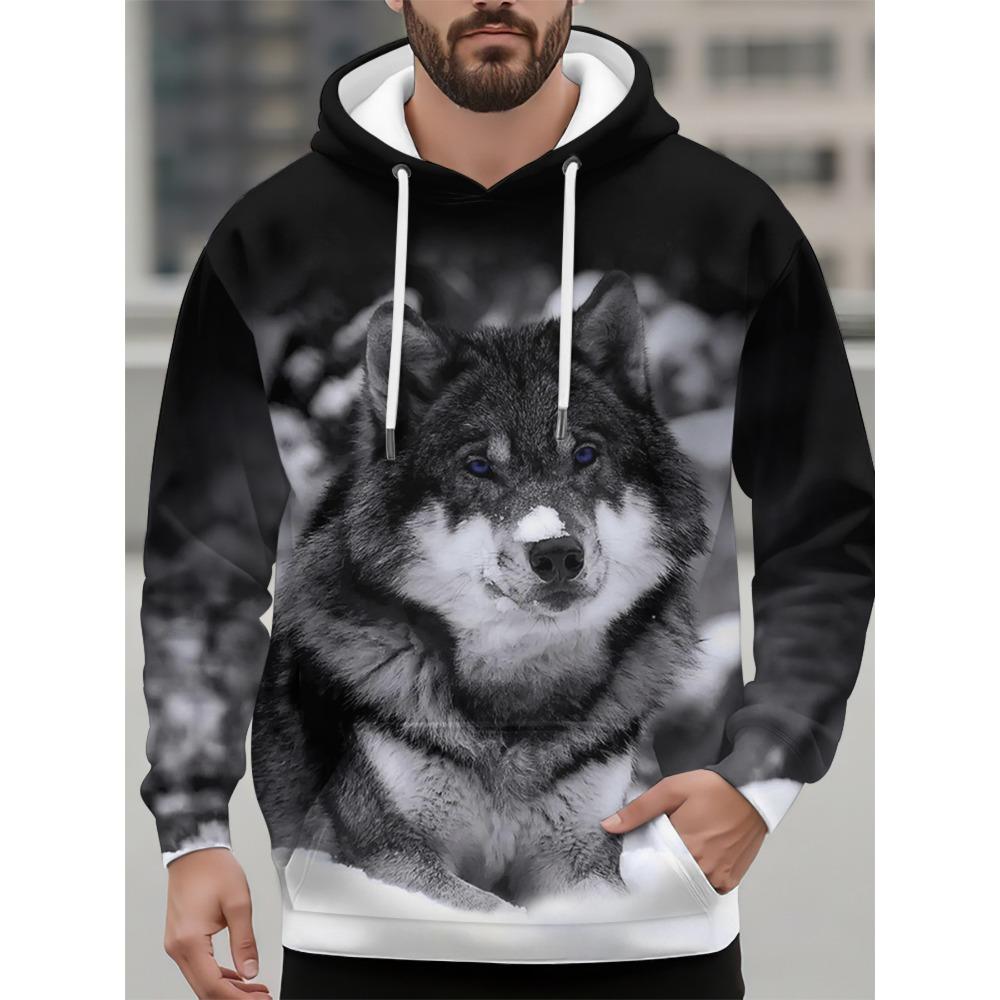 Men's Hooded Fashion Animal Wolf 3D Print Hoodies Top Spring Autumn Fashion Casual Long Sleeved Pullover Oversized Sweatshirts