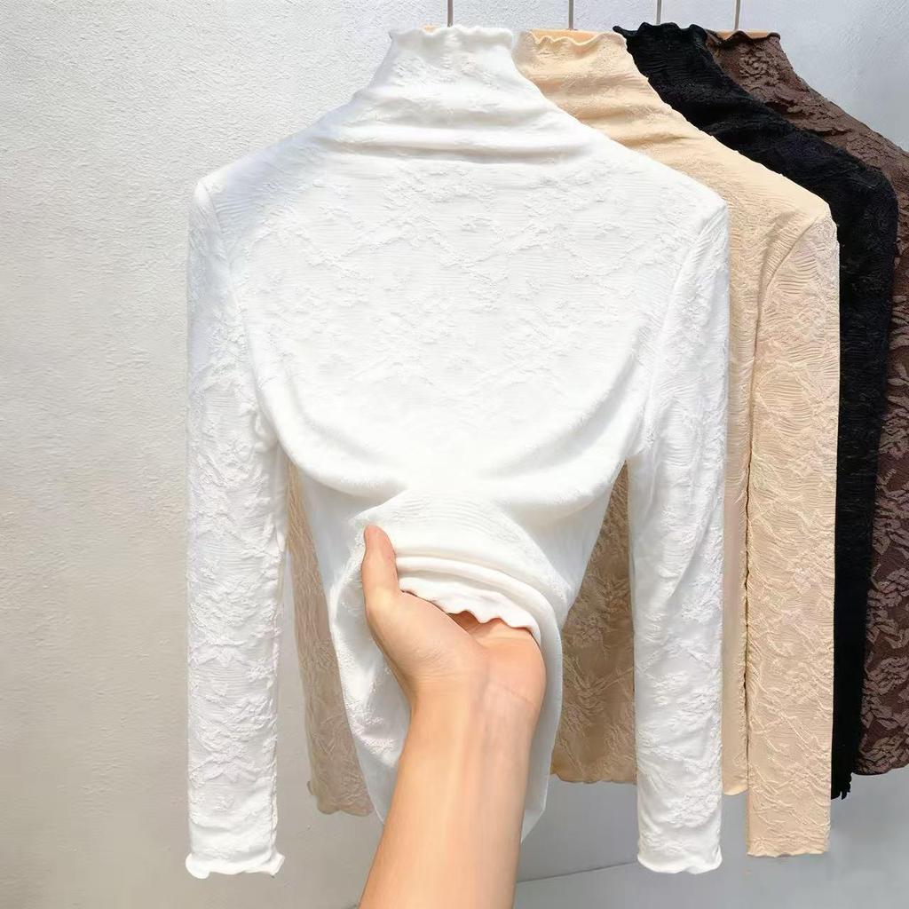 Women's High-Neck Lace Jacquard Base Layer Top - Fleece or Thin-Lined for Autumn & Winter Warmth.