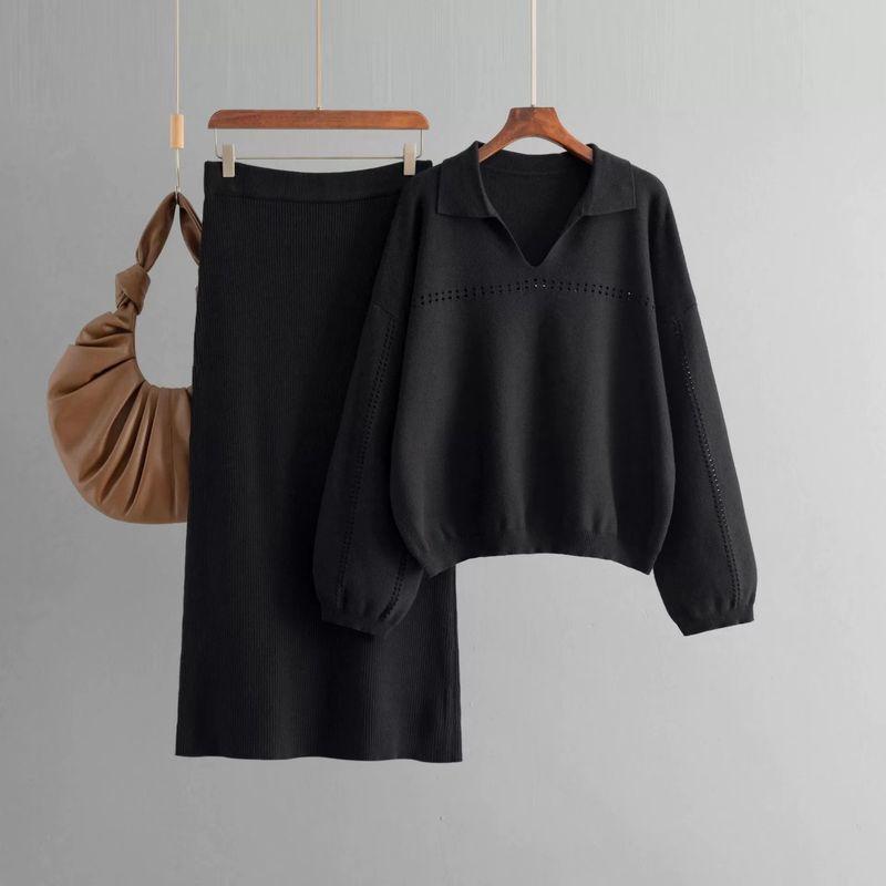 

Western Style Knitted Polo Collar Hollow out Loose Sweater Skirt sets Sweater and Skirt Set Black All yards