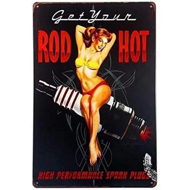 Vintage Pinup Girl Hot Street Rods Garage Full Service Route Auto Mechanics Metal Tin Sign for Rural Wall Decor Retro Poste