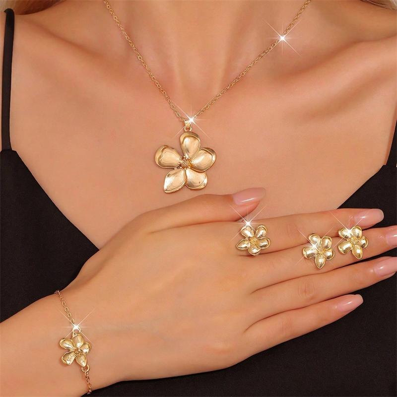 Trendy Gold Plated Floral Necklace Bracelet Ring Earrings Set Bridal Gift for Women Girls Wedding Party Anniversary Jewelry