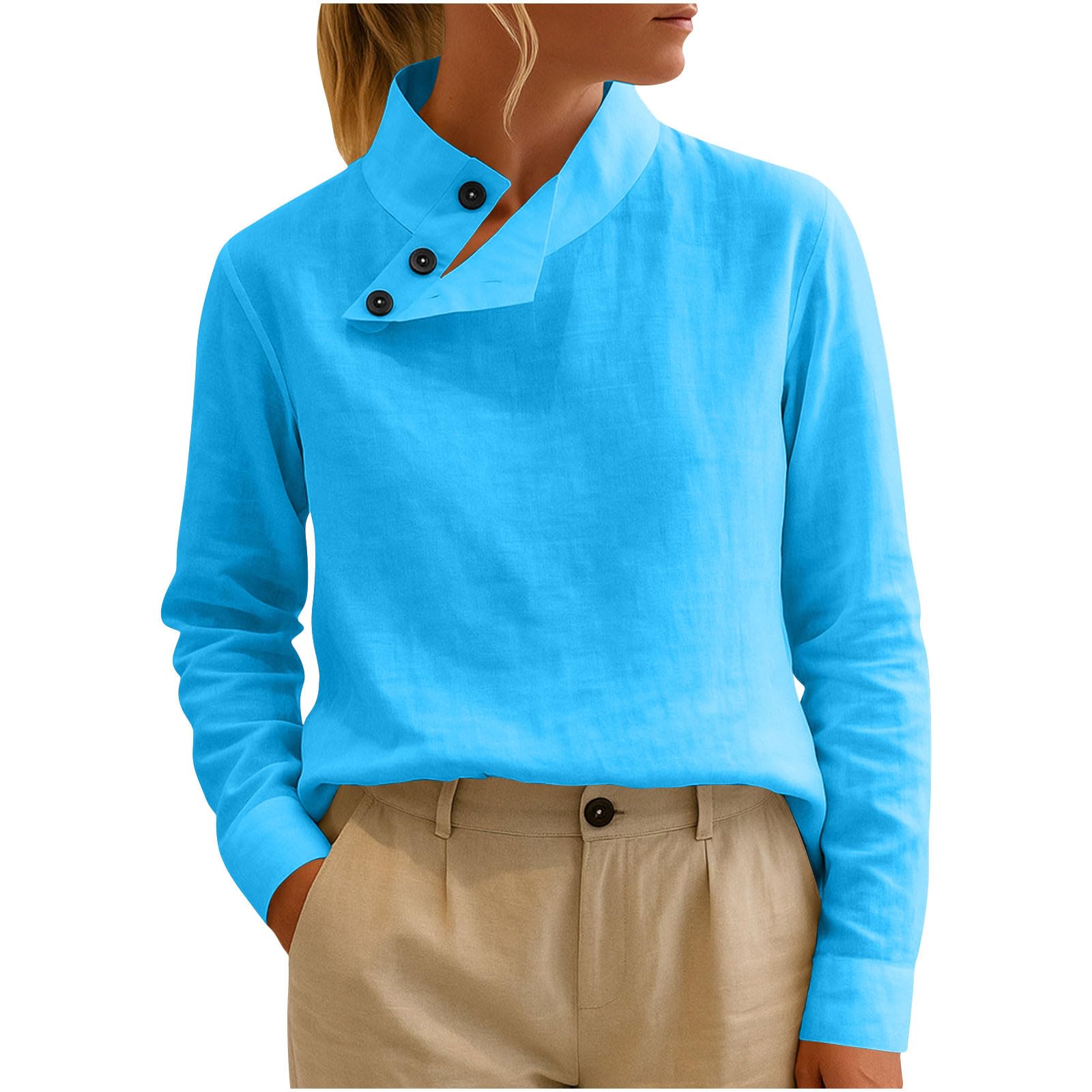 

Women s Solid Color Casual Button Long Sleeved Loose Pullover Top XL
