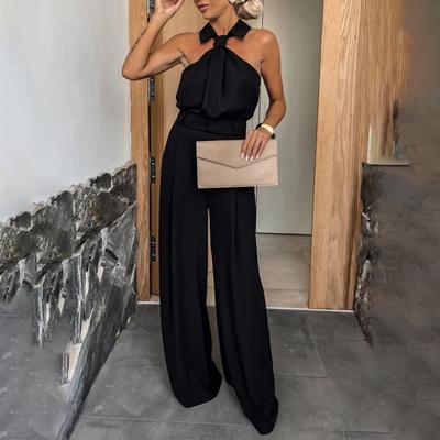 Summer Women Jumpsuit Halter Neck Lapel Off Shoulder Sleeveless Back Zipper Closure High Waist Wide Leg