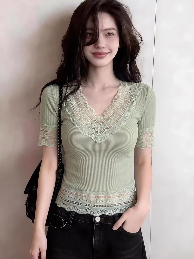 Gram Cotton Green Lace Top Summer New Temperament Women's Beautiful Slim Slim Slim Short-sleeved T-shirt
