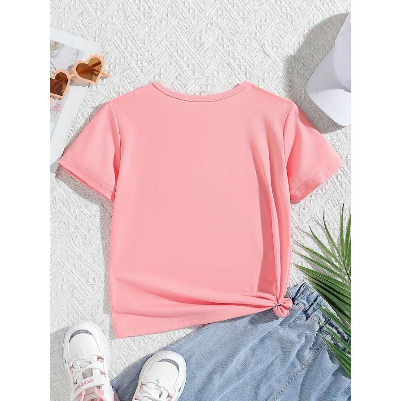Cute And Easy Cartoon Letter Print Short-Sleeve T-Shirt for Girls, Perfect for Summer Wear, Knit
