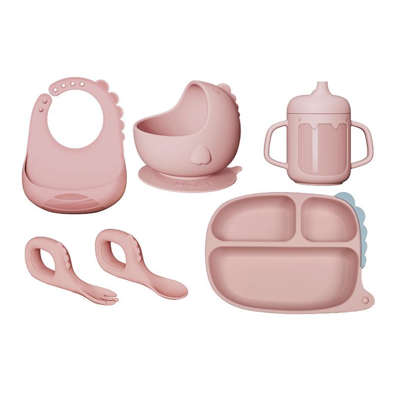 Cartoon dinosaur plate Children's complementary food Silicone plate bowl Fork spoon bib Anti-drop plate set