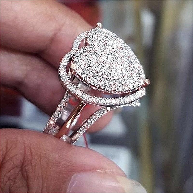 Elegant Inalid Full Synthetic Zirconia Heart Shape Silvery Ring for Women Fashion Temperment Banquet Wedding Jewelry Accessories