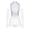 Womens Latin Tango Performance Dress Glittery Rhinestone Collar Mesh Patchwork Fringe Sequin Dance Costume