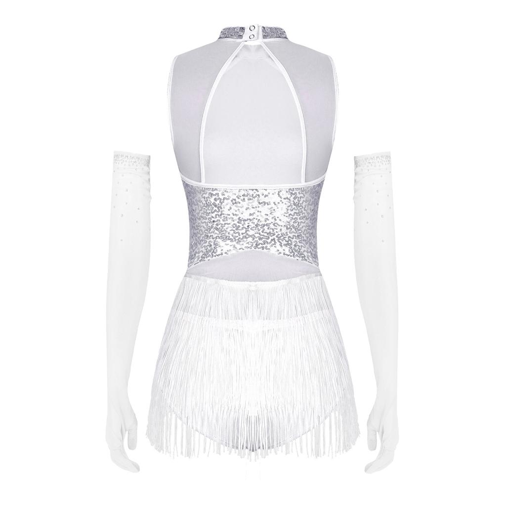 Womens Latin Tango Performance Dress Glittery Rhinestone Collar Mesh Patchwork Fringe Sequin Dance Costume