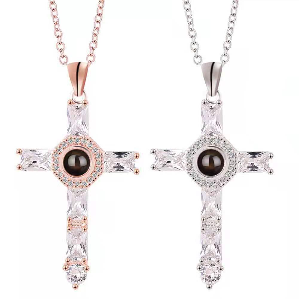 European & American Diamond-Studded Projection Necklace - Creative Cross Pendant