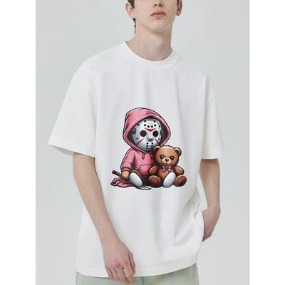 Schwarzes T-Shirt mit Jason Voorhees und Teddybär-Grafik für Freizeitkleidung