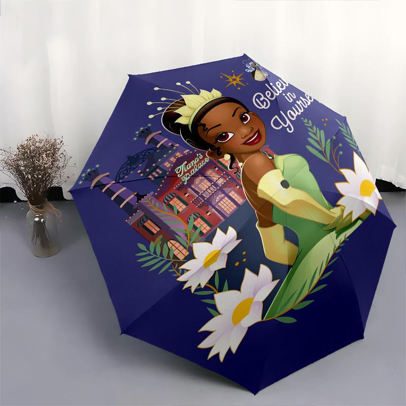 Disney Princess,Tiana Fashion Manual Folding Umbrella - Reinforced Eight Ribs, Automatic Opening and Closing, Lightweight, Ssuitable For All