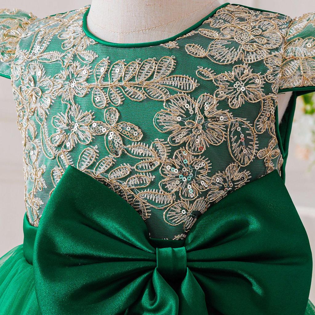 Girls' Elegant Lace Princess Evening Dress with Train for Special Occasions