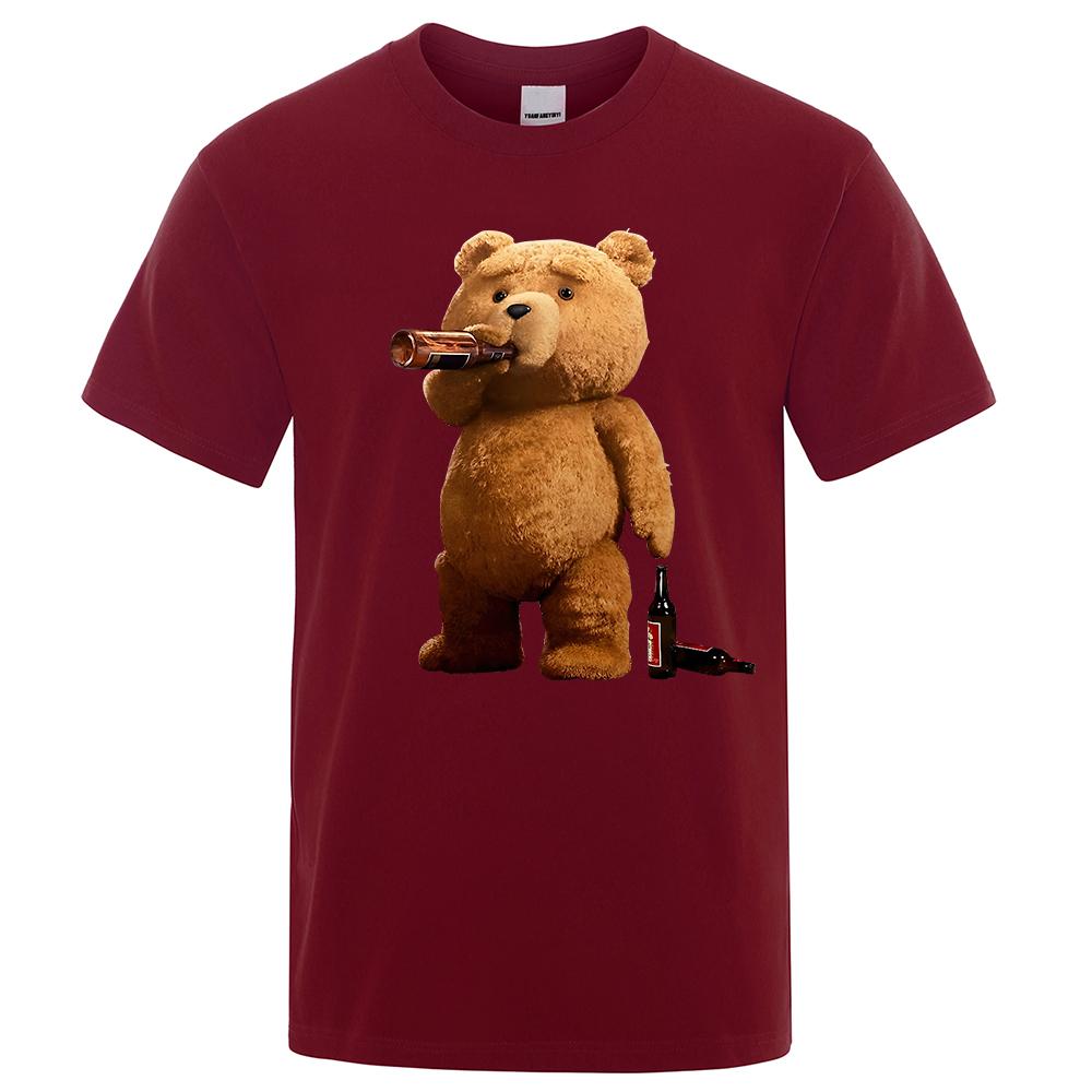 Lovely Ted Bear Drink Beer Poster Printing Men Tops Fashion Tee 2023 Summer Brand T-Shirt Oversized Loose Cotton Men's Tshirt