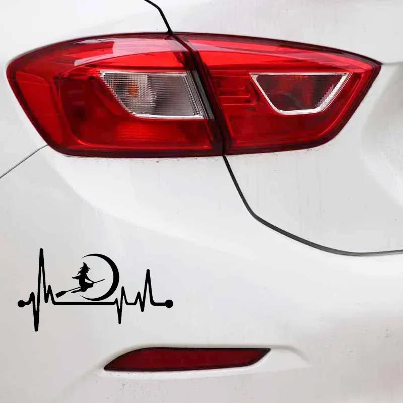 13.7*7.3CM Cute Witch Moon Broom Heartbeat Vinyl Black/Silver Creative Car Glue Sticker Waterproof Auto Exterior Accessories